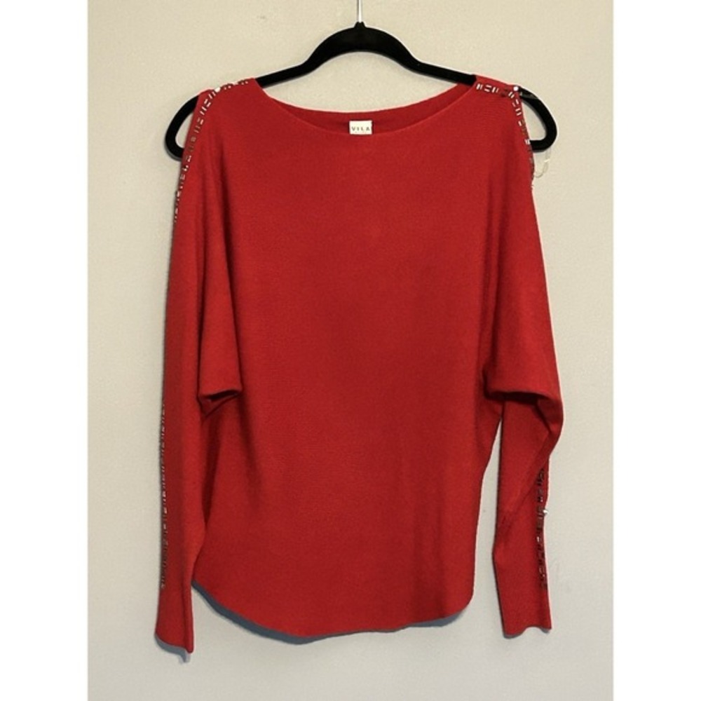 Vila Milano Sweater Womens Small Red Studded Pullover Open Sleeves Beaded NEW